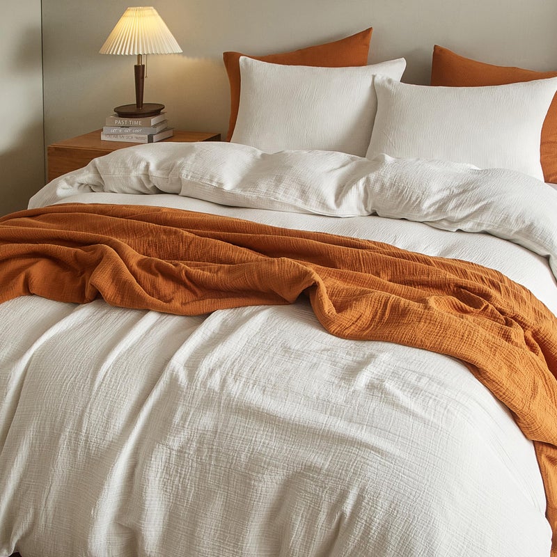 SE SOFTEXLY Muslin Duvet Cover King Size, 100% Washed Cotton Duvet Cover Set, Ultra Soft Comforter Cover Linen Like, 3 Pieces Minimalist Gauze Duvet Cover with 2 Pillowcases, 90"x104", White - Image 5